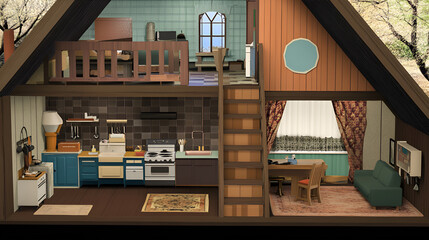 Cozy interior of a modern cottage with kitchen, living room, and bedroom cutaway