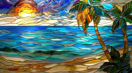 Illustration in stained glass window style with palm trees on the beach