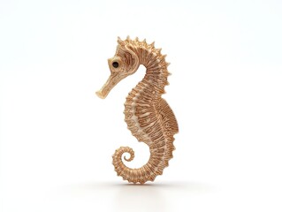 Fototapeta premium Beige seahorse figurine on white background; ocean life craft; animal model.