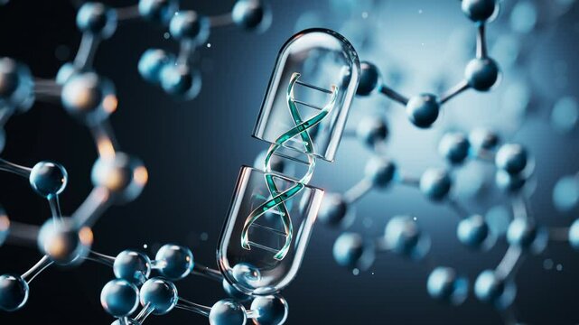 Medical capsule with transparent molecules background, 3d rendering.