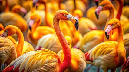 Obraz premium Unique Yellow Flamingo Among Red Flock - Vibrant Bird Portrait