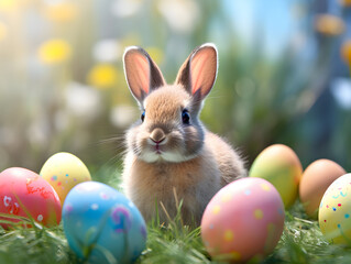 Cute brown bunny with colorful easter eggs on sitting in green grass, blurry outdoor background 