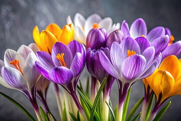 Fototapeta premium Vibrant Crocus Bloom Close-up: Spring Flowers on Gray Background