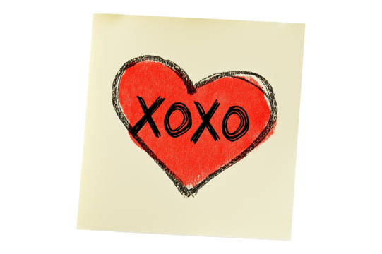Hand drawn red heart sketch with XO XO text below placed on a yellow textured paper isolated on white transparent background. Concept of love and affection
