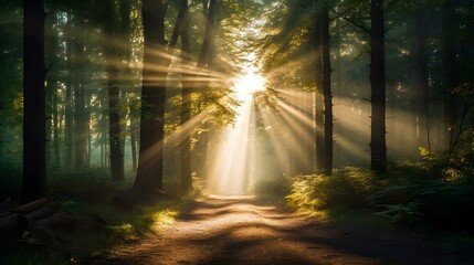A captivating forest pathway winding through a lush verdant landscape with rays of warm ethereal sunlight streaming through the dense foliage and canopy of ancient towering trees