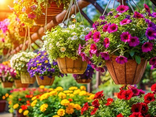 Fototapeta premium Vibrant Hanging Baskets Overflowing with Blooms at Garden Center