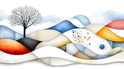 Obraz premium Abstract Landscape with Bare Tree Colorful Waves and Geometric Patterns