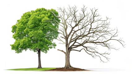 Obraz premium A vibrant green tree stands beside a leafless, barren tree, symbolizing contrast and change. Both trees share the same ground, highlighting life cycles and environmental impact.AI