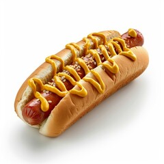 Delicious hot dog topped with mustard and sesame seeds, creating a classic american fast food treat