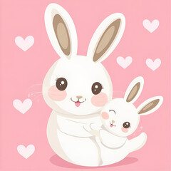 Obraz premium Cute cartoon mother rabbit hugging her baby with hearts on a pastel pink background