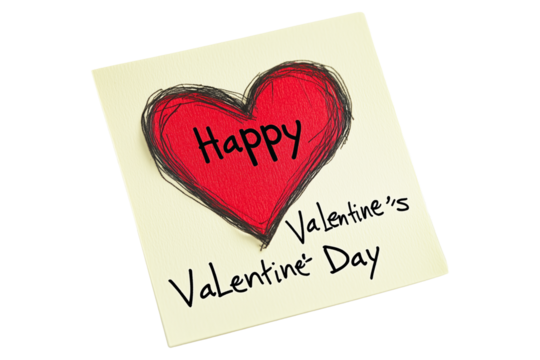 Hand drawn red heart sketch with Happy Valentine's Day Mine text below placed on a yellow textured paper isolated on white transparent background. Concept of love and affection