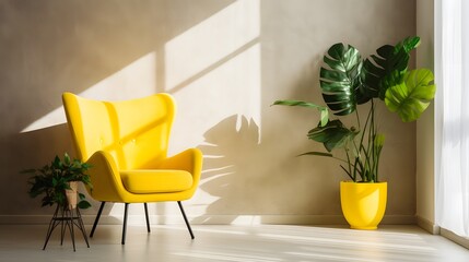 Vibrant yellow chair positioned in a sun filled room surrounded by lush potted plants creating a cozy and harmonious ambiance