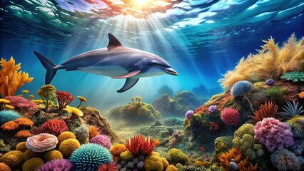Fototapeta premium Dolphin swimming through coral reef, tropical, nature, tropical, nature, blue, wildlife, marine life, seaweed