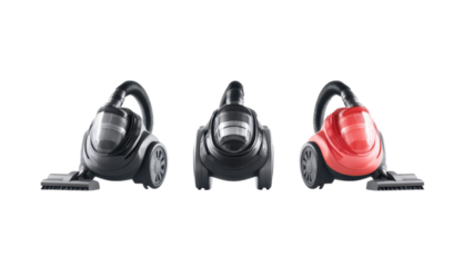 Three vacuum cleaners in black and red on a transparent background