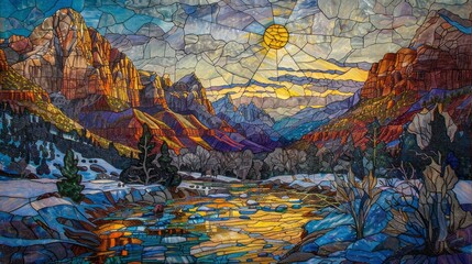 Mountain landscape river stained glass Mural. The brick painting concept