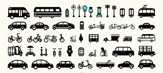 Various transportation icons including cars, buses, bicycles, and scooters in minimalist style