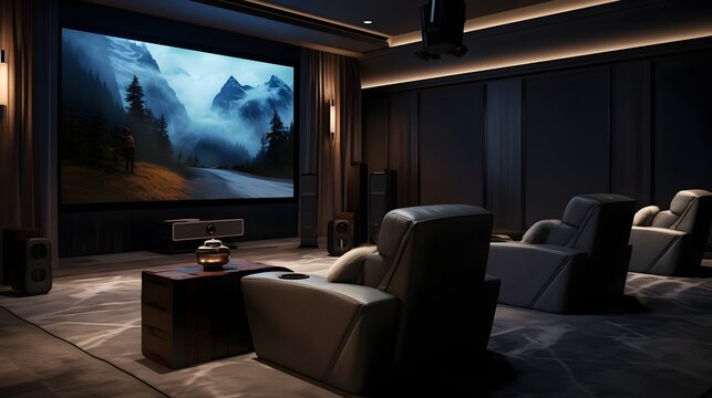 Luxurious reclining chair situated in a sleek contemporary home theater setup complete with a screen for an immersive entertainment experience