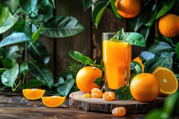 Orange Juice in Glass and Fresh Fruits with Leaves on Wooden Background, Vitamin Drink or Cocktail