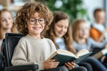 A smiling child with curly hair and glasses holding an open book, sitting in a classroom surrounded by other children, creating a joyful and inclusive learning environment