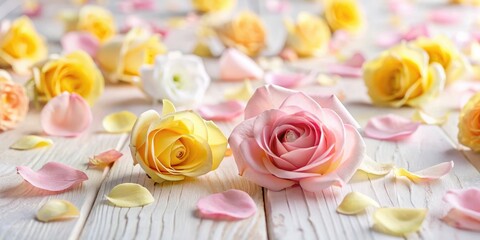 Pastel pink and yellow paper roses scattered on a white wooden table with a soft focus effect, flower bouquet , rose petals