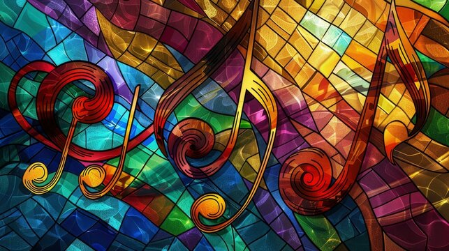 Colorful stained glass background with treble clef and music notes
