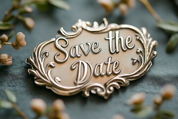 Decorative save the date sign on a textured surface with greenery.