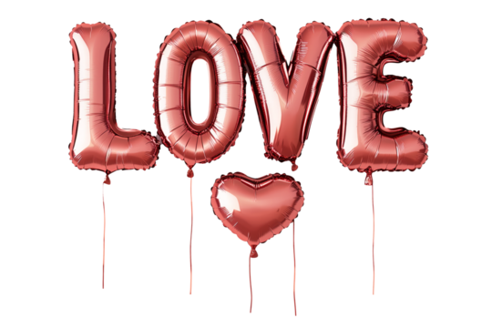 Shiny red foil balloon letters forming the word LOVE isolated on white transparent background. Romantic celebration and Valentine's Day concept