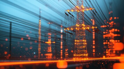Illuminated Power Transmission Tower: A Futuristic Energy Landscape