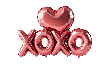 Shiny red foil balloon letters forming the words XO XO isolated on white transparent background. Romantic celebration and Valentine's Day concept