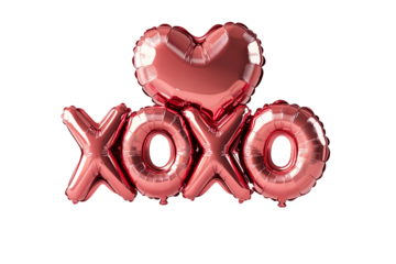 Shiny red foil balloon letters forming the words XO XO isolated on white transparent background. Romantic celebration and Valentine's Day concept