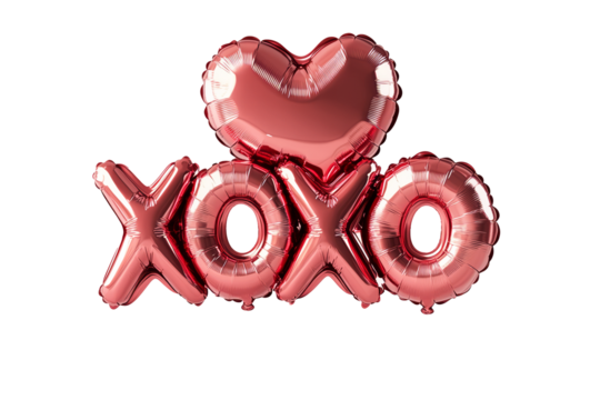 Shiny red foil balloon letters forming the words XO XO isolated on white transparent background. Romantic celebration and Valentine's Day concept - Powered by Adobe