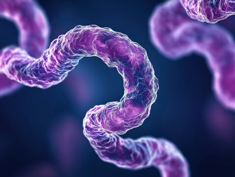 Microscopic view of Treponema pallidum bacteria. Detailed illustration shows bacterial structure. Infectious disease syphilis visible. Bacteria contagious, transmitted sexually. Bacteria cause