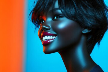 Short coiffure - highlighted hair. Attractive happy black girl - for ads, ad page and web networks use. Commercial commercial concept art. Bold black girl style. African american glamour.