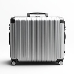 Fototapeta premium A sleek silver suitcase with wheels and a handle against a plain white background