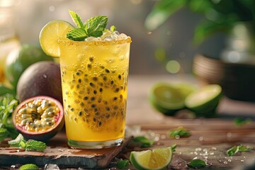 Pixel Perfect Image of Passion Fruit Lemonade Garnished with Lime and Mint
