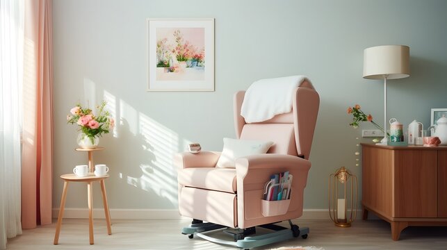 Cozy recliner chair in a peaceful nursing home room with soft pastel colored decor providing a comfortable and calming environment for senior residents to rest and relax