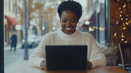 Fototapeta premium A woman wearing glasses and an off-white sweater works on a laptop at a desk with a calm and focused expression, against a white background