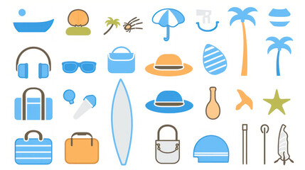 collection of summer themed icons including beach items and tropical elements