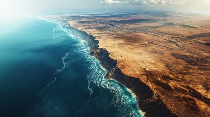 Aerial view of dramatic desert cliffs meeting the turquoise ocean with pristine waves
