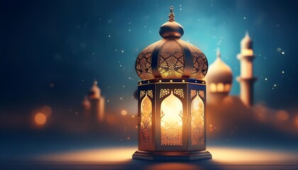 Luxurious lanterns lit in the dark and behind them is a silhouette of a mosque, Ramadan and Eid al-Fitr themes. Wallpaper, poster.