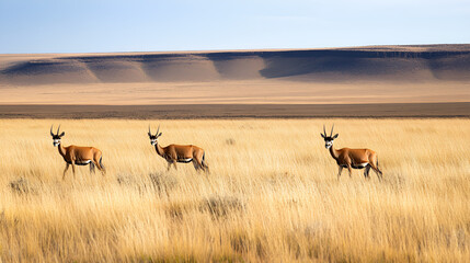 Three Antelopes Running on the Grassland in the Desert Wilderness	