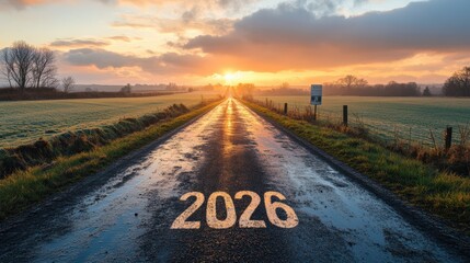 Straight road leading to a bright sunrise with the year 2026 written on the pavement, symbolizing a new journey or future