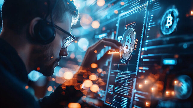 Ai-generated virtual interface enhancing cryptocurrency trading by diverse team in a tech environment