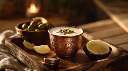  ayran served in a traditional Turkish copper cup, placed on a wooden tray with a small bowl of olives and a slice of lemon on the side