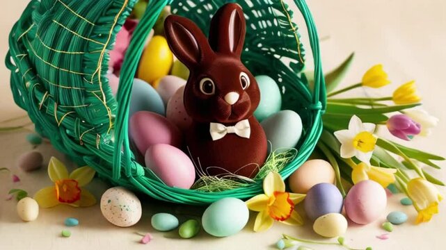 Easter basket holding a chocolate bunny, Easter eggs and flowers, Easter bunnies with easter eggs, Easter bunnies, eggs, easter celebration, banner, poster for website, template, generative ai