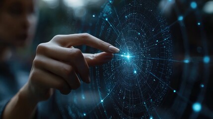 A close-up of a hand interacting with a futuristic digital interface, depicting technology, innovation, and connection in a high-tech environment.