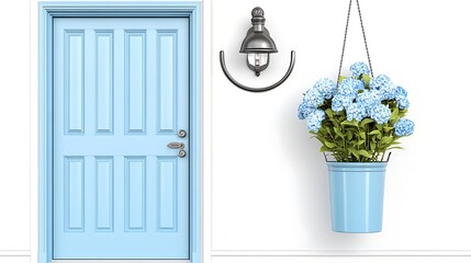 Fototapeta premium Blue Door Hydrangea Wall Lamp Home Exterior Decor