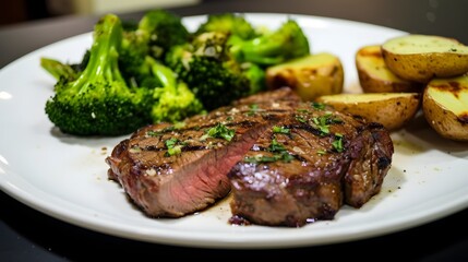 Delicious and Balanced Steak Dinner Featuring Garlic Roasted Potatoes and Steamed Broccoli Artfully Arranged on a White Ceramic Plate