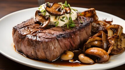 Grilled Steak Resting Atop a Bed of Sauted Mushrooms and Onions   A Mouthwatering and Flavorful Culinary Masterpiece