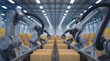 Automated robotic arms sorting boxes in a warehouse setting.